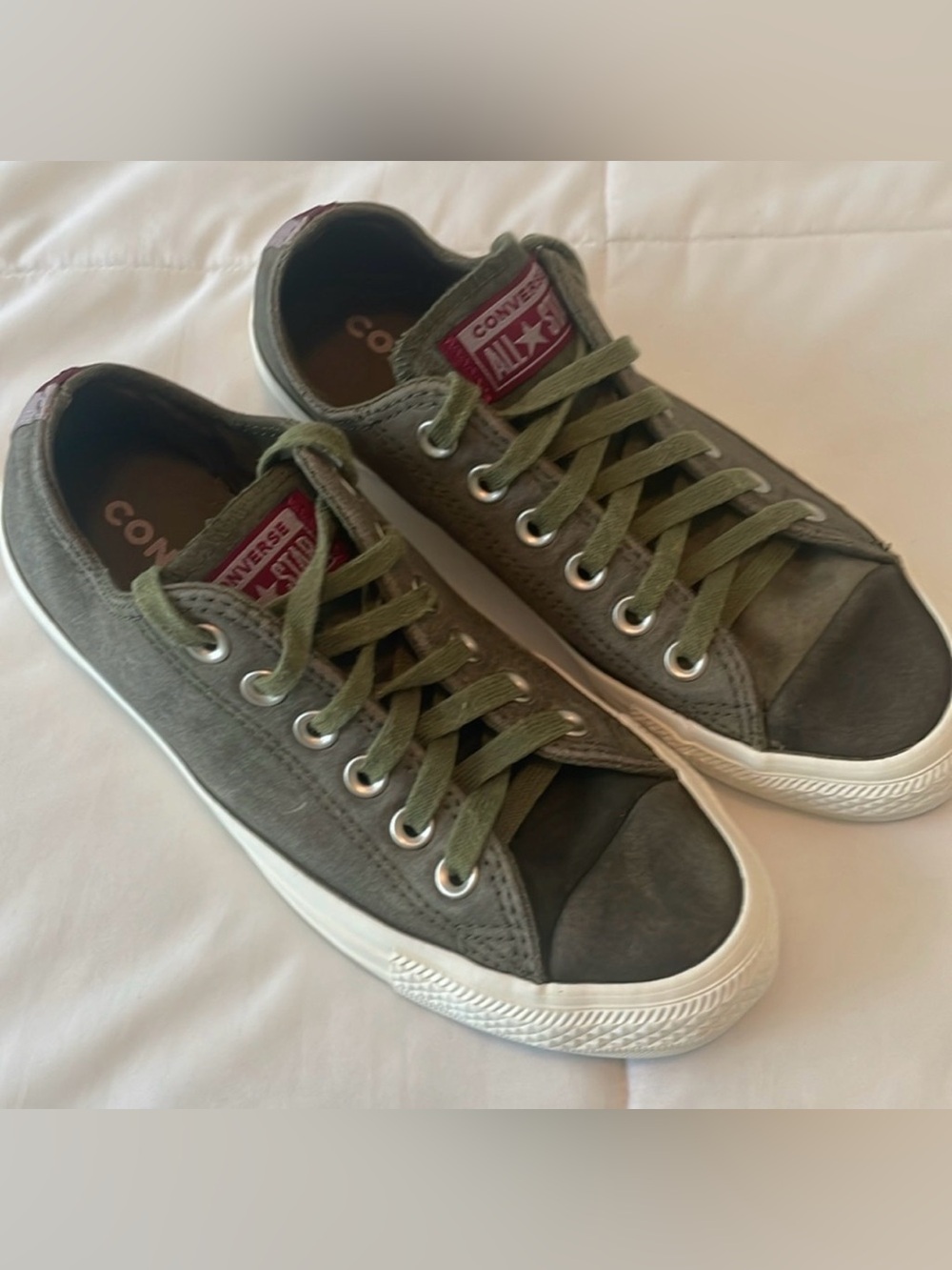 Converse Low Top Sneakers in Olive Army Green with Maroon Logo Tab